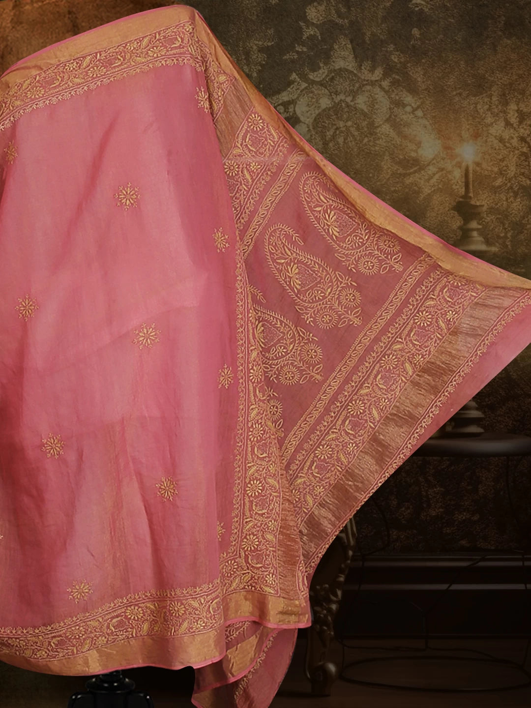 Ada Hand Embroidered Onion Pink Tissue Lucknowi Chikankari Saree With Blouse And Zari Work 01A265925