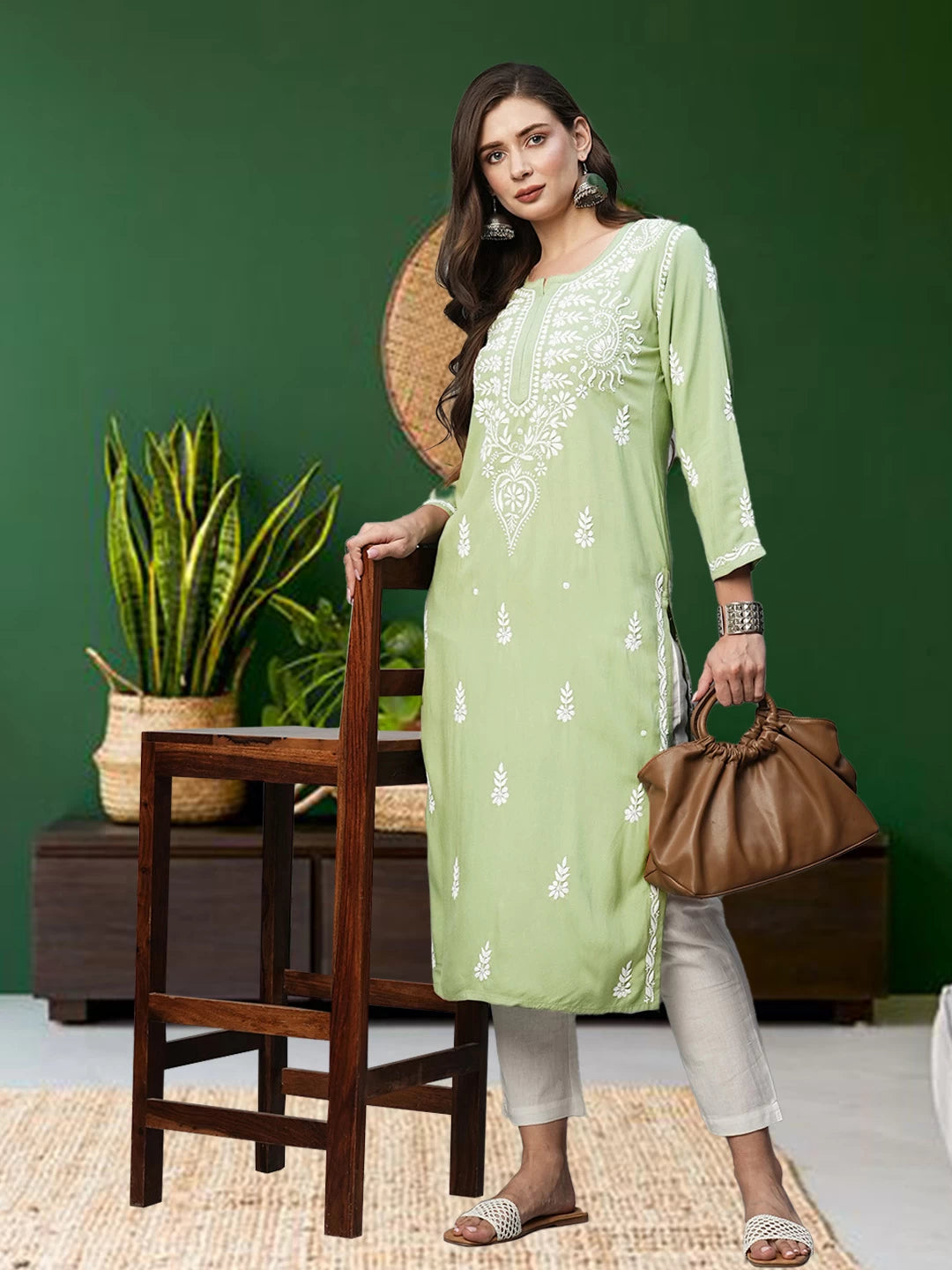 Ada Hand Embroidered Pista Green Rayon Lucknowi Chikankari Straight Kurta A411484