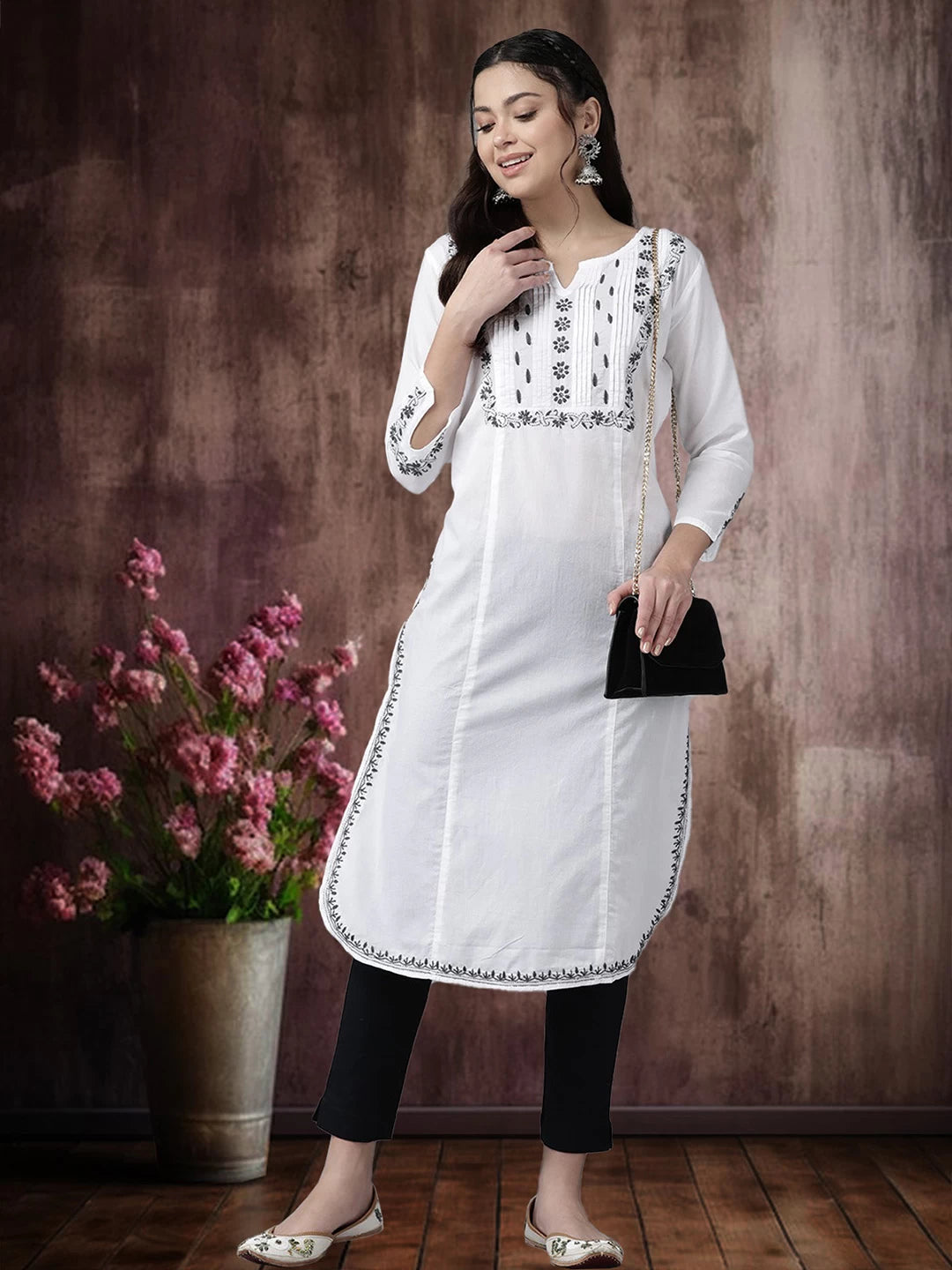 Ada Hand Embroidered White Cotton Lucknowi Chikankari Straight Kurta A411459