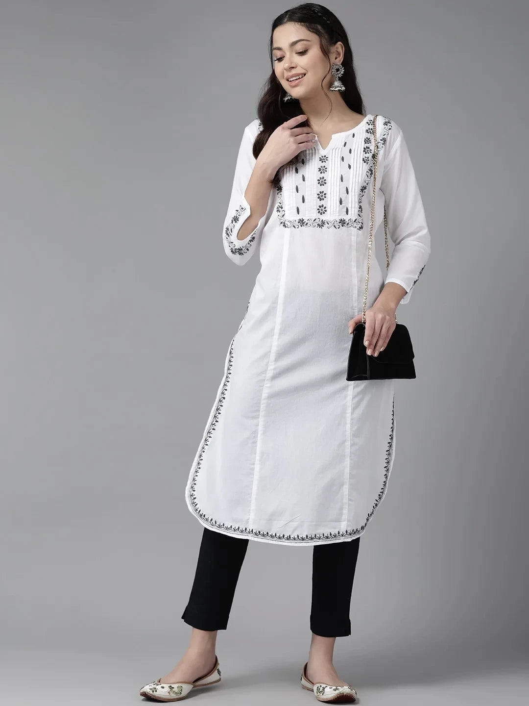 Ada Hand Embroidered White Cotton Lucknowi Chikankari Straight Kurta A411459
