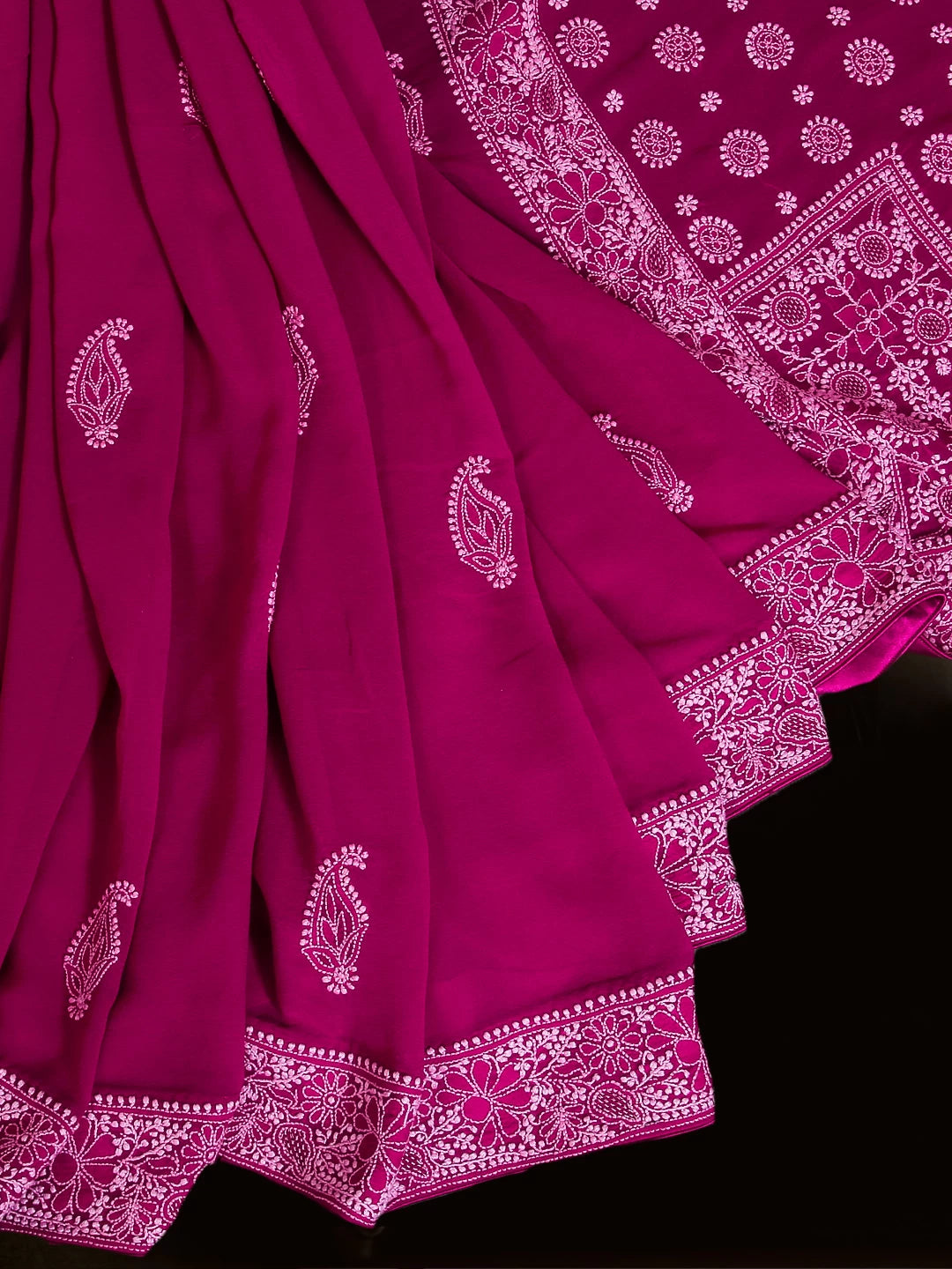 Ada Hand Embroidered Sangria Pink Pure Georgette Lucknowi Chikankari Saree With Blouse 01A42936