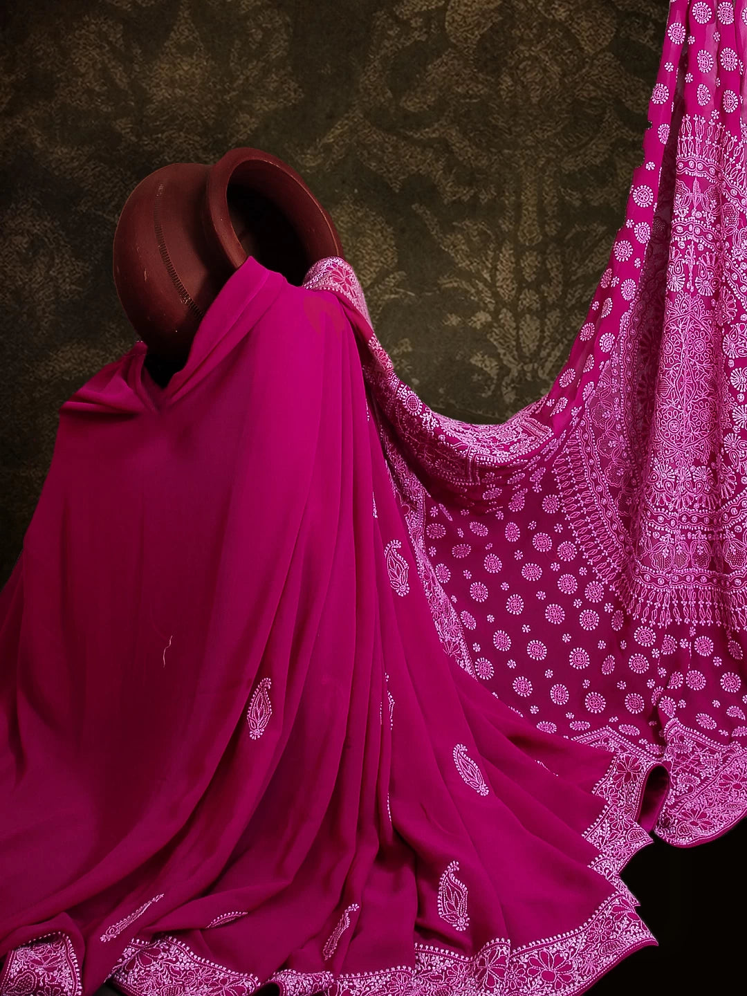 Ada Hand Embroidered Sangria Pink Pure Georgette Lucknowi Chikankari Saree With Blouse 01A42936