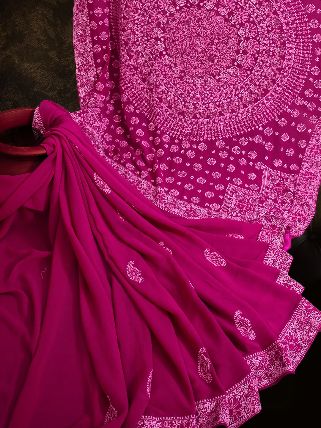 Ada Hand Embroidered Sangria Pink Pure Georgette Lucknowi Chikankari Saree With Blouse 01A42936