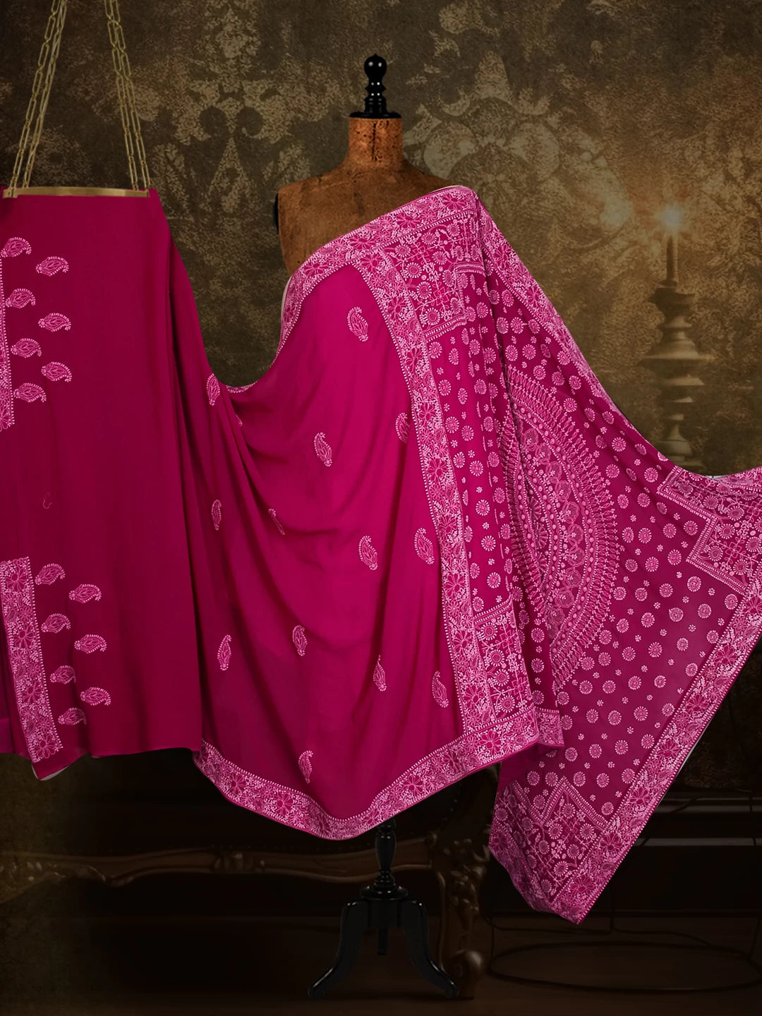 Ada Hand Embroidered Sangria Pink Pure Georgette Lucknowi Chikankari Saree With Blouse 01A42936