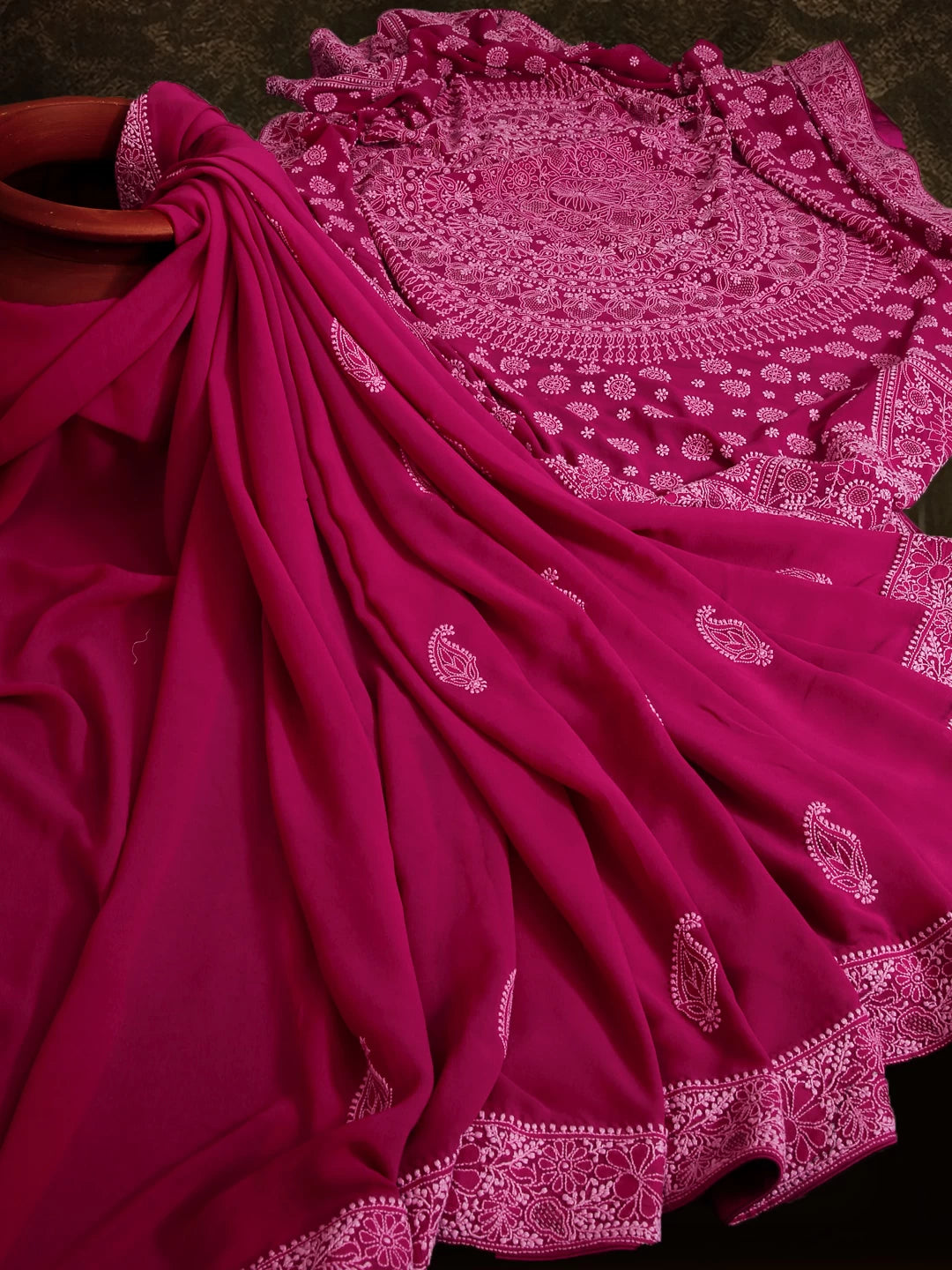 Ada Hand Embroidered Sangria Pink Pure Georgette Lucknowi Chikankari Saree With Blouse 01A42936