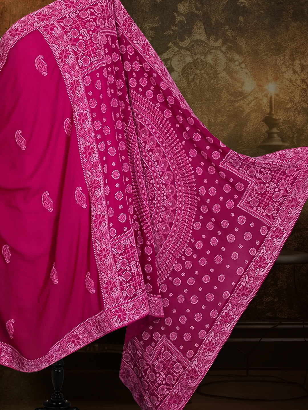 Ada Hand Embroidered Sangria Pink Pure Georgette Lucknowi Chikankari Saree With Blouse 01A42936