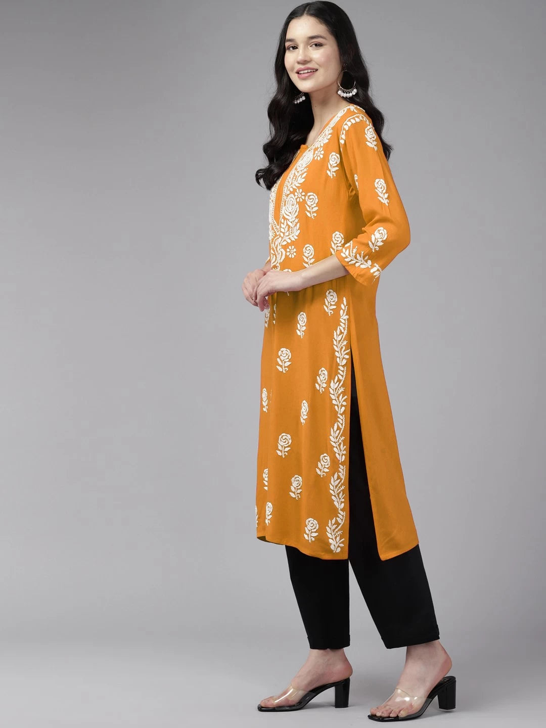 Ada Hand Embroidered Mustard Rayon Lucknowi Chikankari Straight Kurta A411453