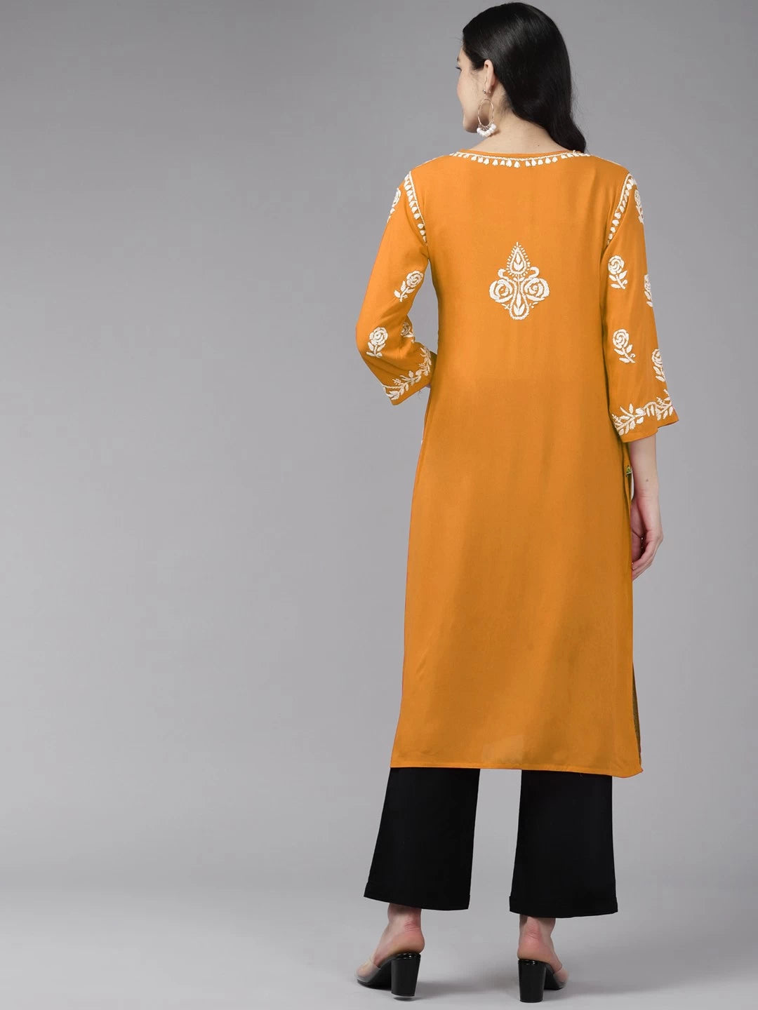 Ada Hand Embroidered Mustard Rayon Lucknowi Chikankari Straight Kurta A411453