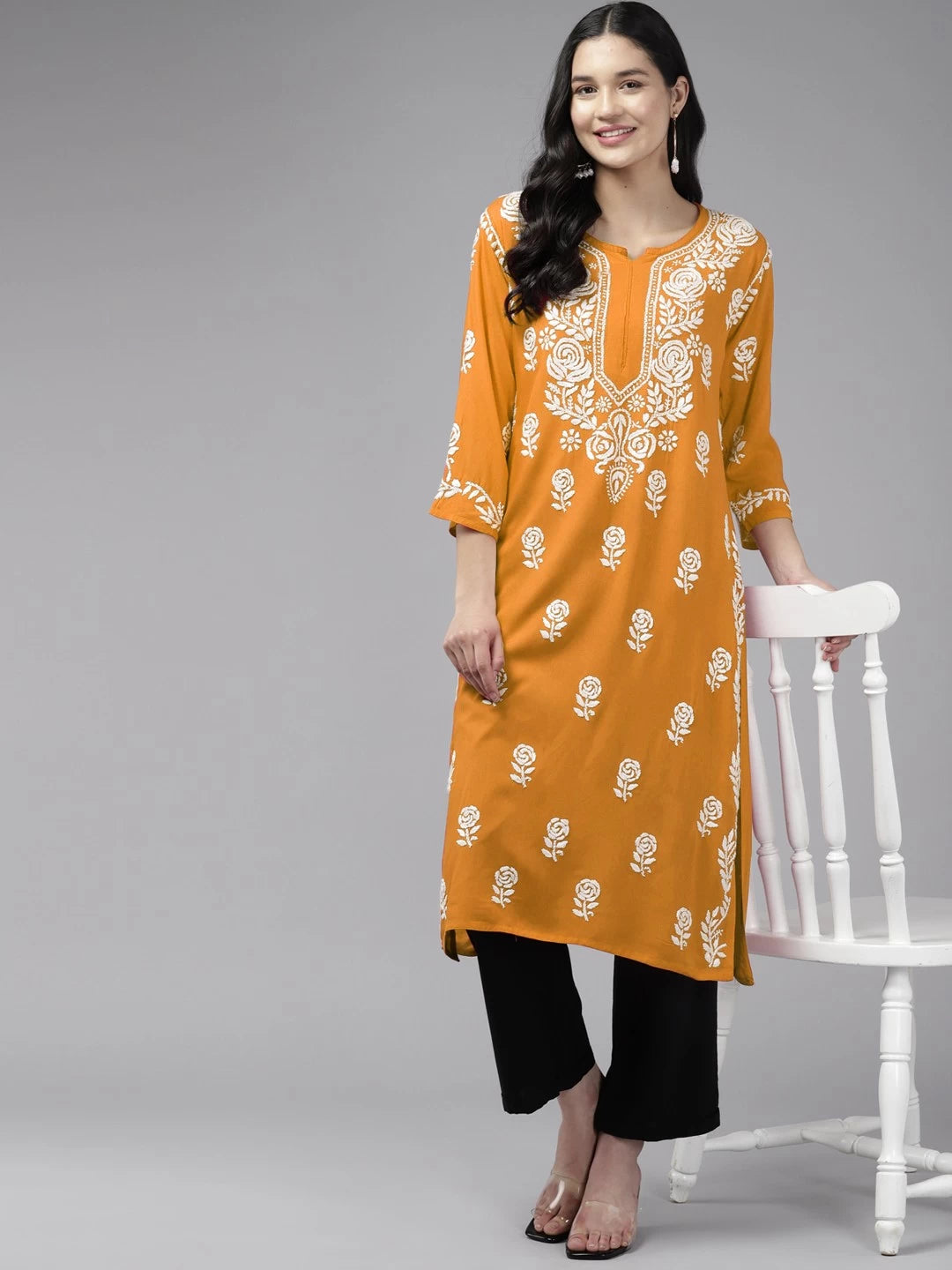 Ada Hand Embroidered Mustard Rayon Lucknowi Chikankari Straight Kurta A411453