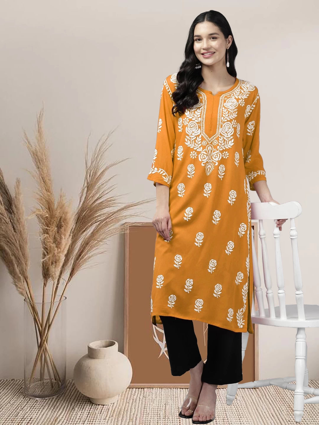 Ada Hand Embroidered Mustard Rayon Lucknowi Chikankari Straight Kurta A411453