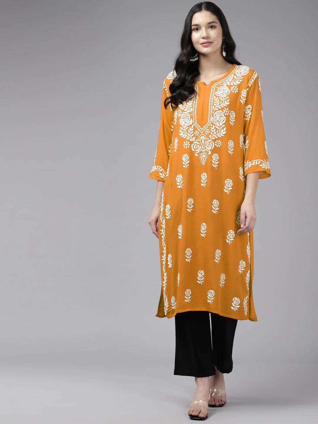 Ada Hand Embroidered Mustard Rayon Lucknowi Chikankari Straight Kurta A411453