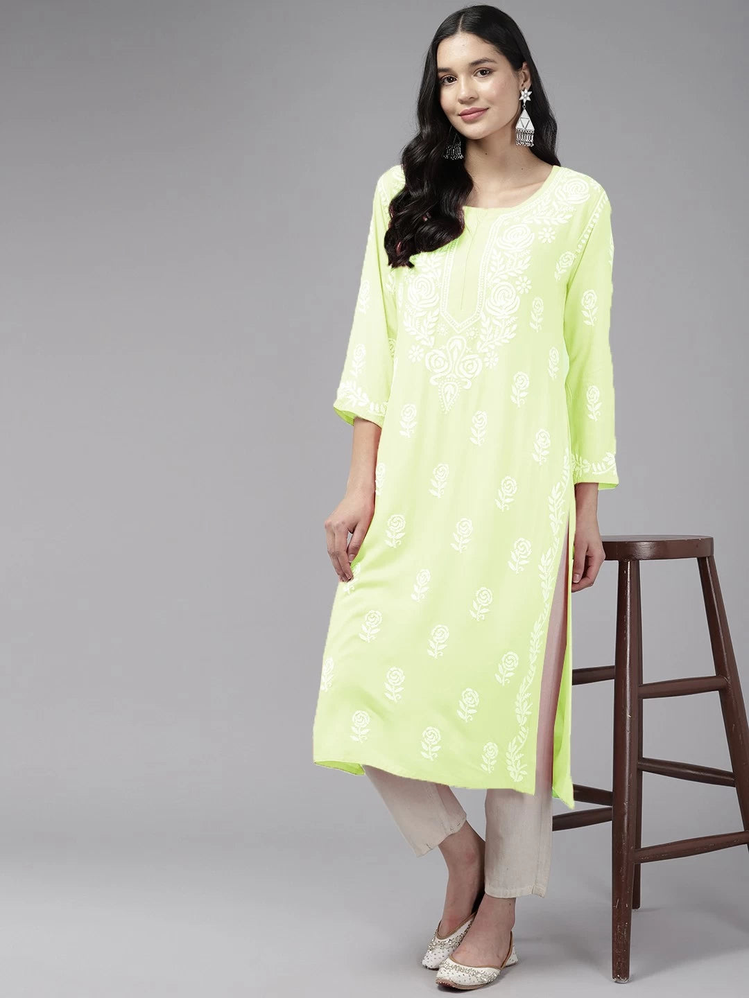 Ada Hand Embroidered Lime Green Rayon Lucknowi Chikankari Straight Kurta A411448