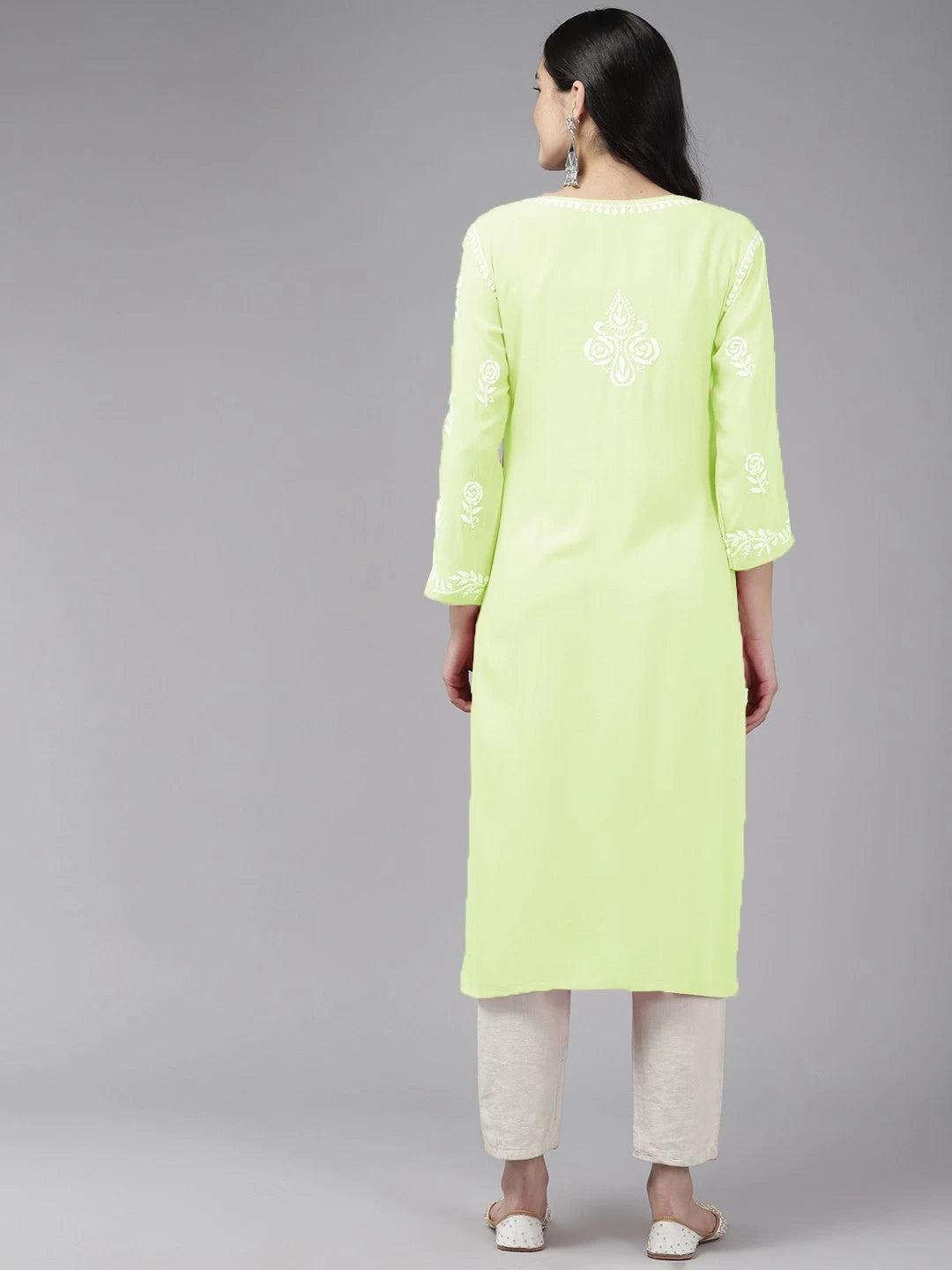 Ada Hand Embroidered Lime Green Rayon Lucknowi Chikankari Straight Kurta A411448