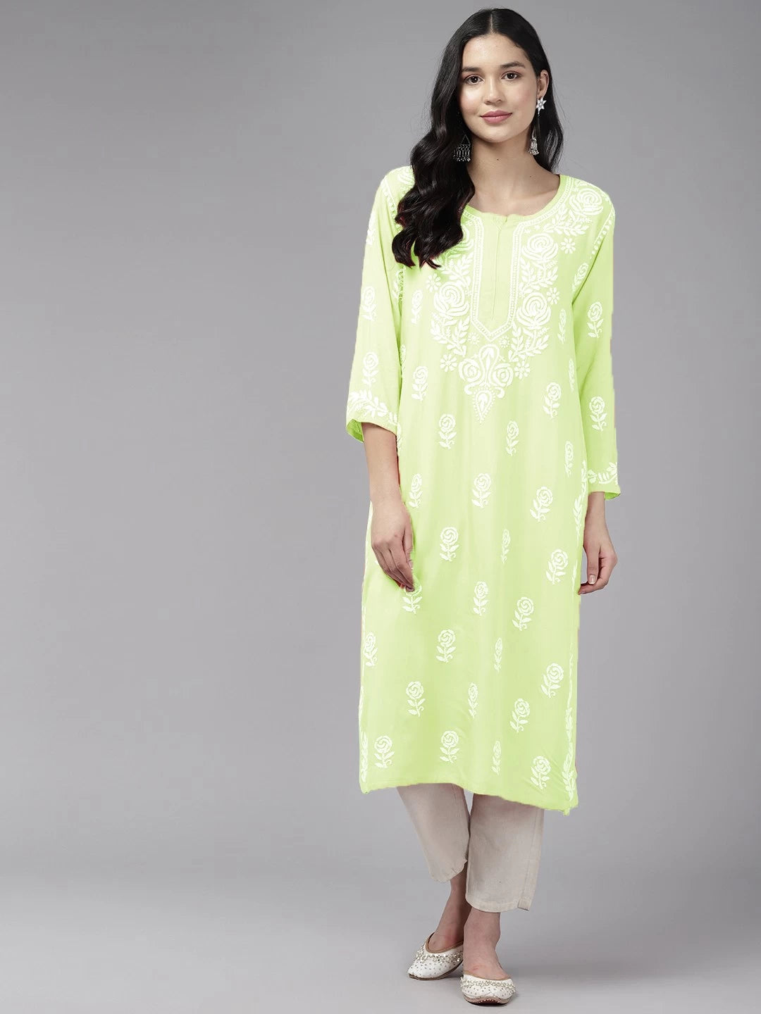 Ada Hand Embroidered Lime Green Rayon Lucknowi Chikankari Straight Kurta A411448