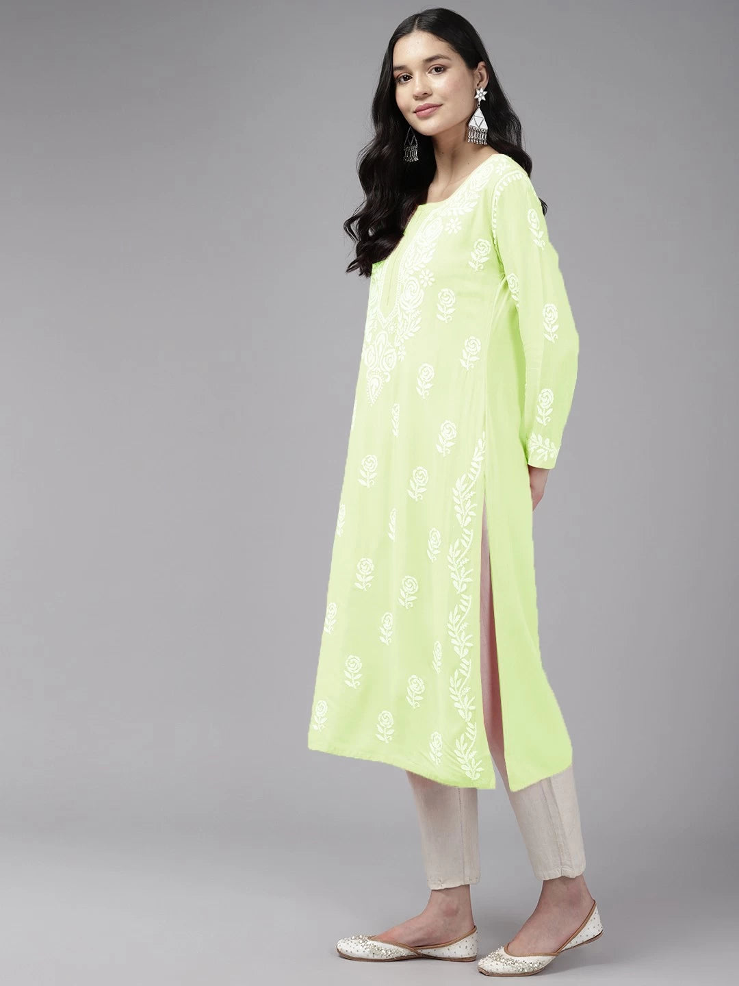 Ada Hand Embroidered Lime Green Rayon Lucknowi Chikankari Straight Kurta A411448