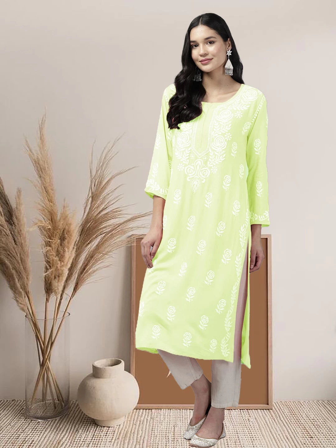 Ada Hand Embroidered Lime Green Rayon Lucknowi Chikankari Straight Kurta A411448