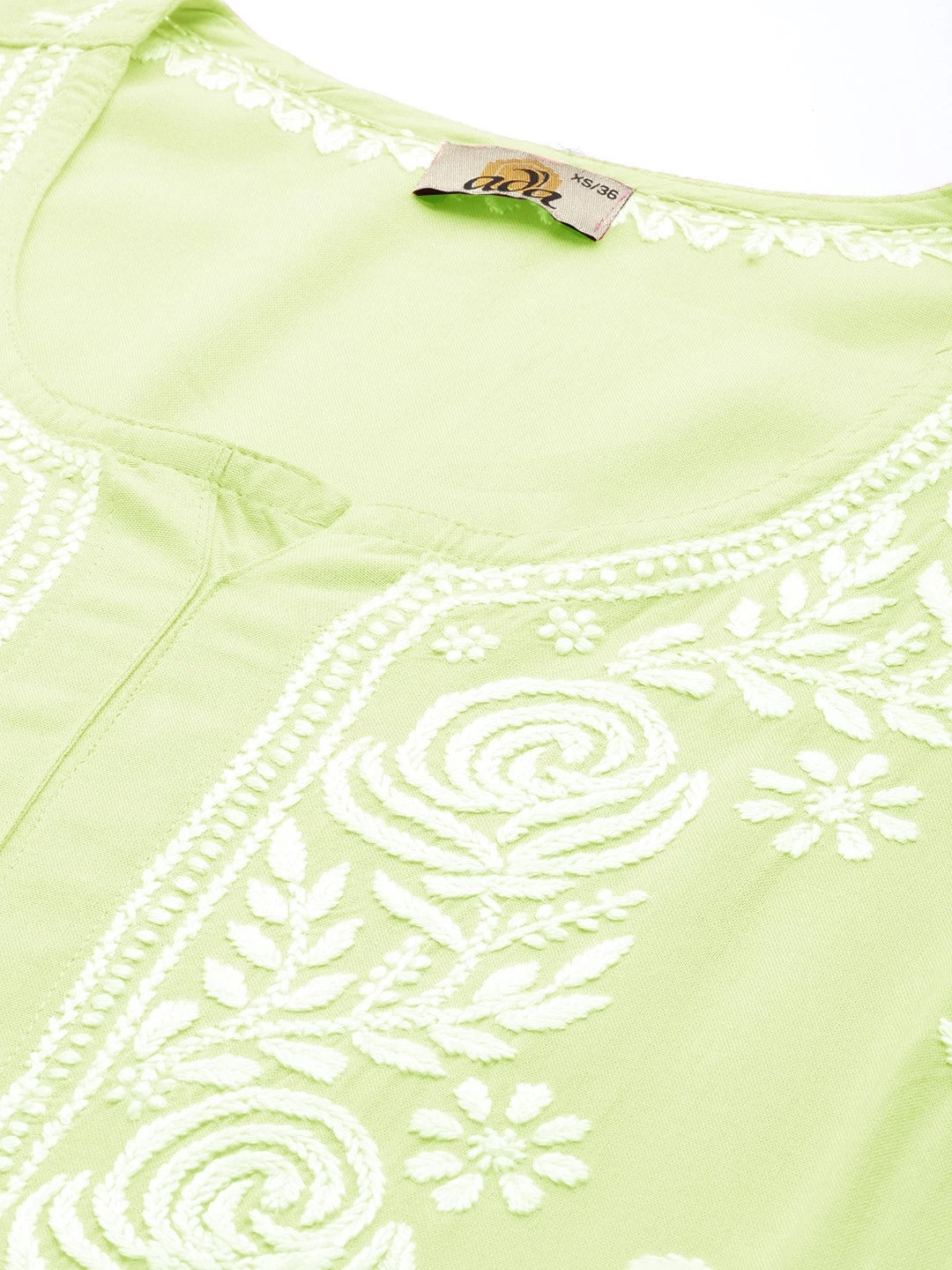 Ada Hand Embroidered Lime Green Rayon Lucknowi Chikankari Straight Kurta A411448