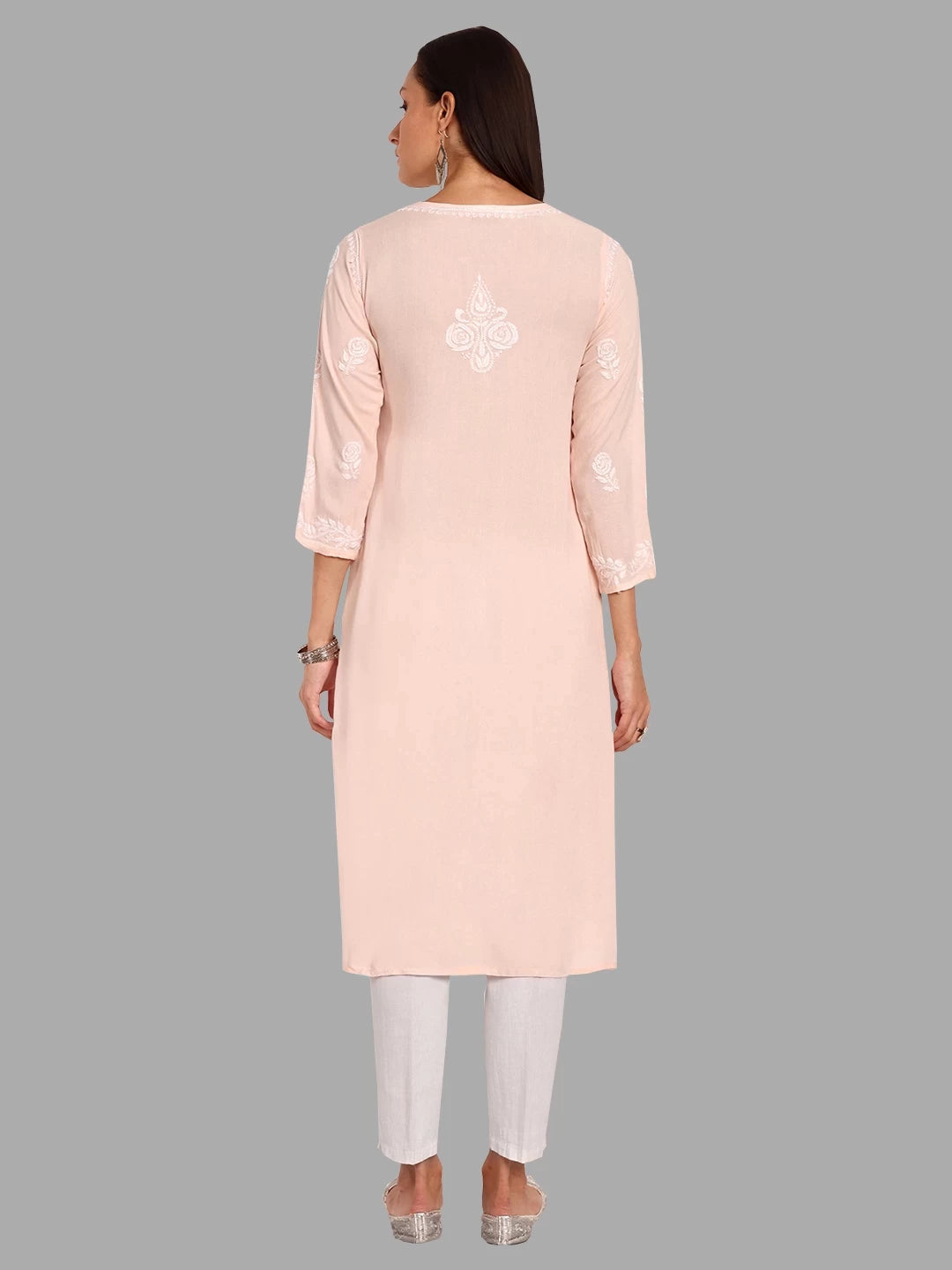 Ada Hand Embroidered Light Peach Rayon Lucknowi Chikankari Straight Kurta A411451