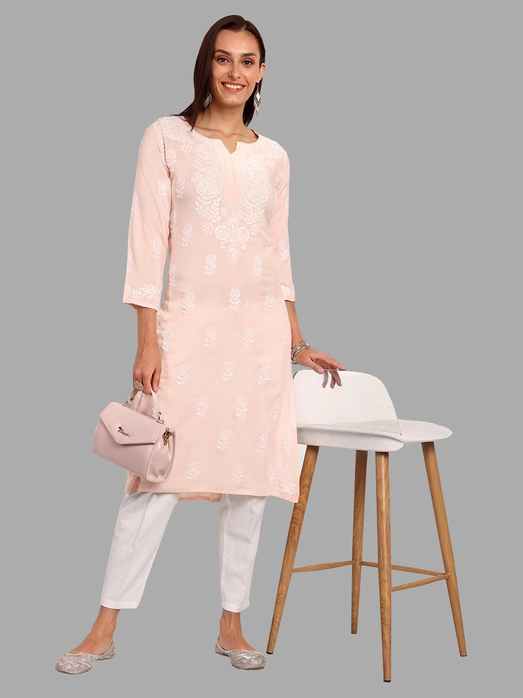 Ada Hand Embroidered Light Peach Rayon Lucknowi Chikankari Straight Kurta A411451