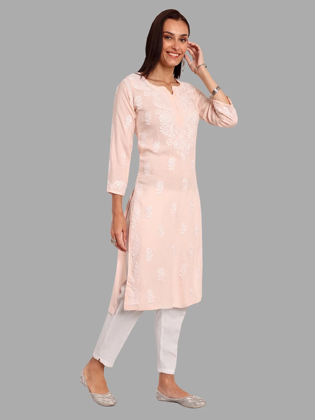 Ada Hand Embroidered Light Peach Rayon Lucknowi Chikankari Straight Kurta A411451