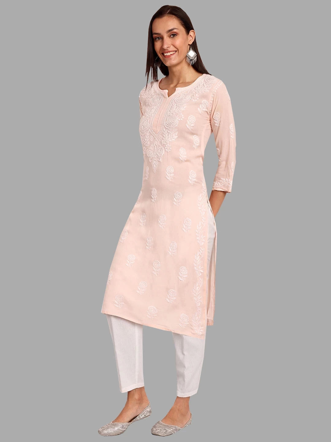Ada Hand Embroidered Light Peach Rayon Lucknowi Chikankari Straight Kurta A411451