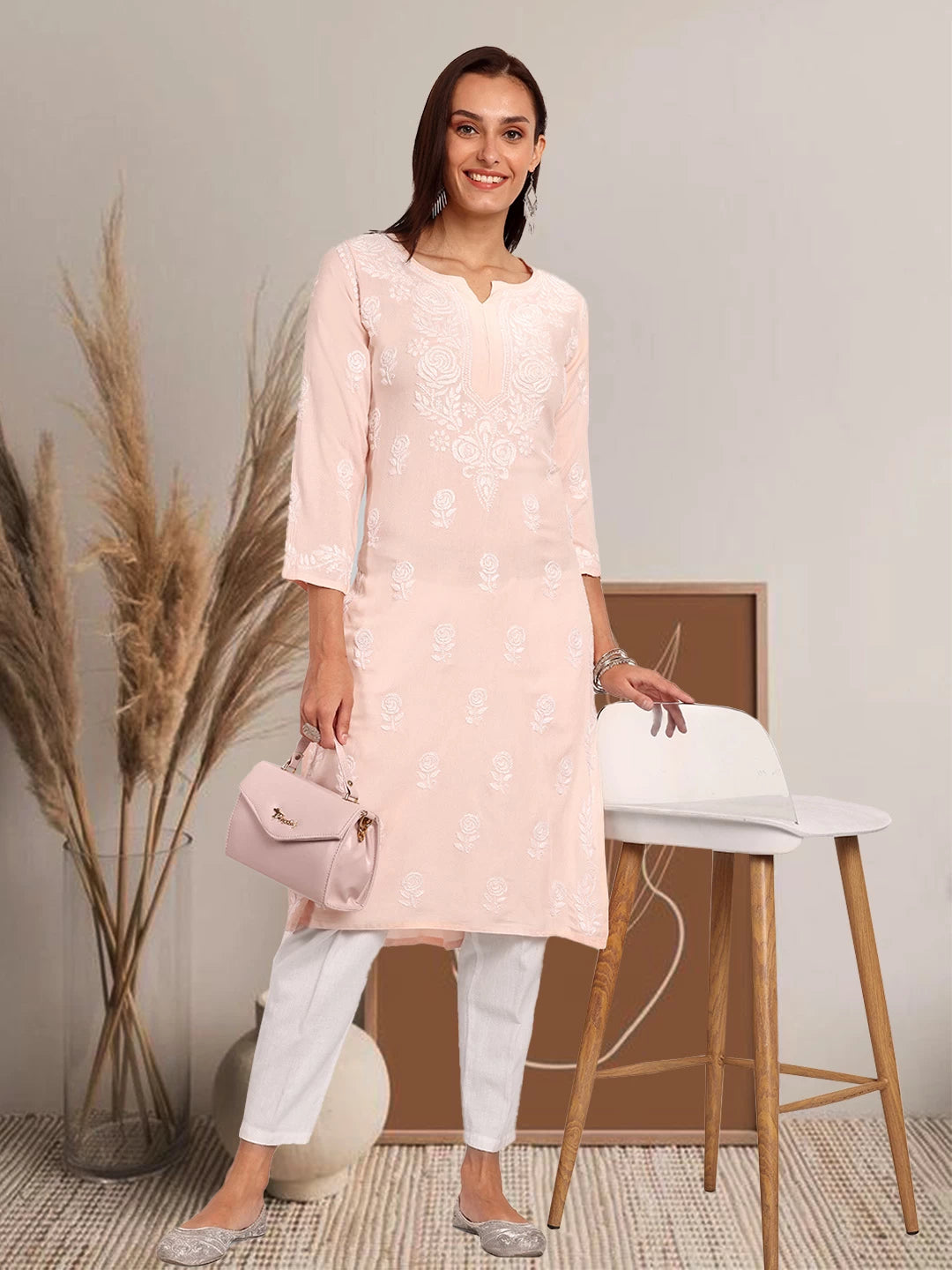 Ada Hand Embroidered Light Peach Rayon Lucknowi Chikankari Straight Kurta A411451
