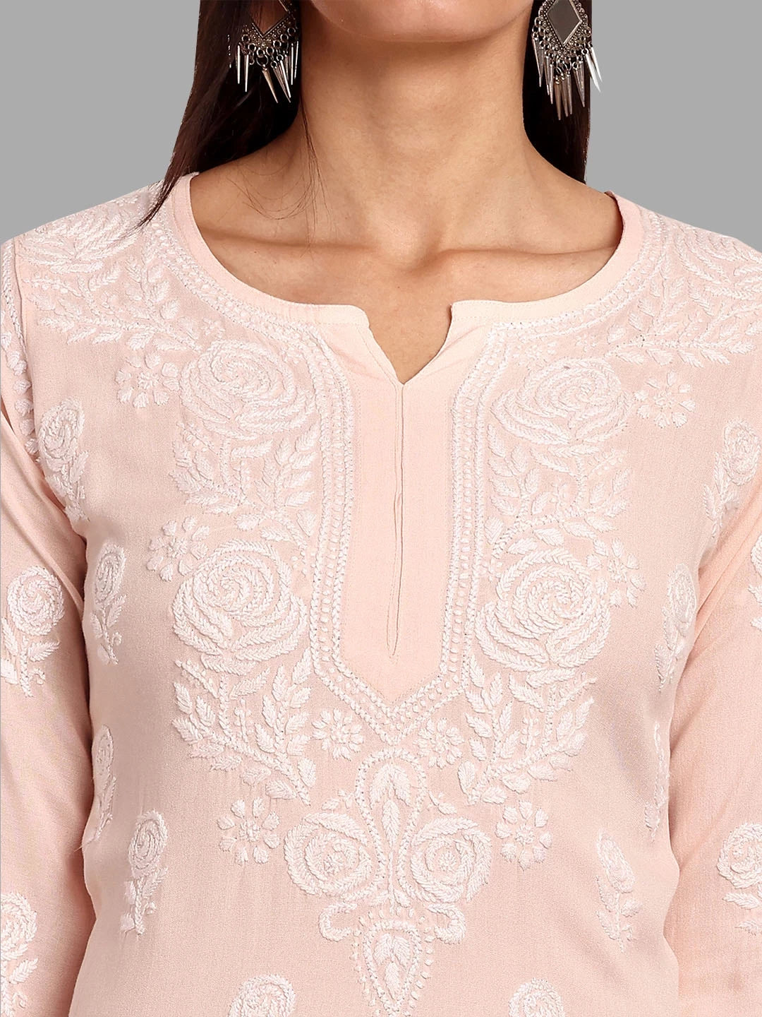 Ada Hand Embroidered Light Peach Rayon Lucknowi Chikankari Straight Kurta A411451