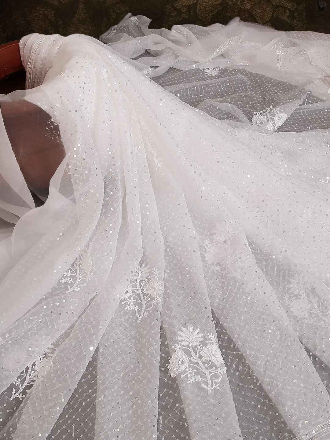 Ada Hand Embroidered White Organza Lucknowi Chikankari Saree With Blouse And Pearl Work 01A439026