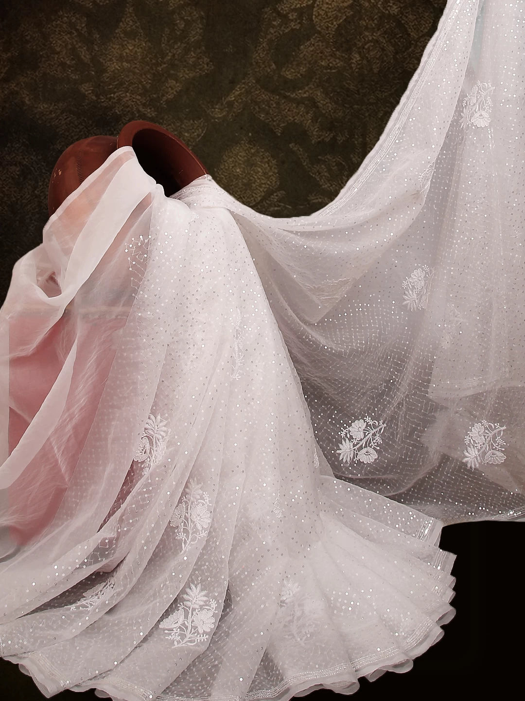 Ada Hand Embroidered White Organza Lucknowi Chikankari Saree With Blouse And Pearl Work 01A439026