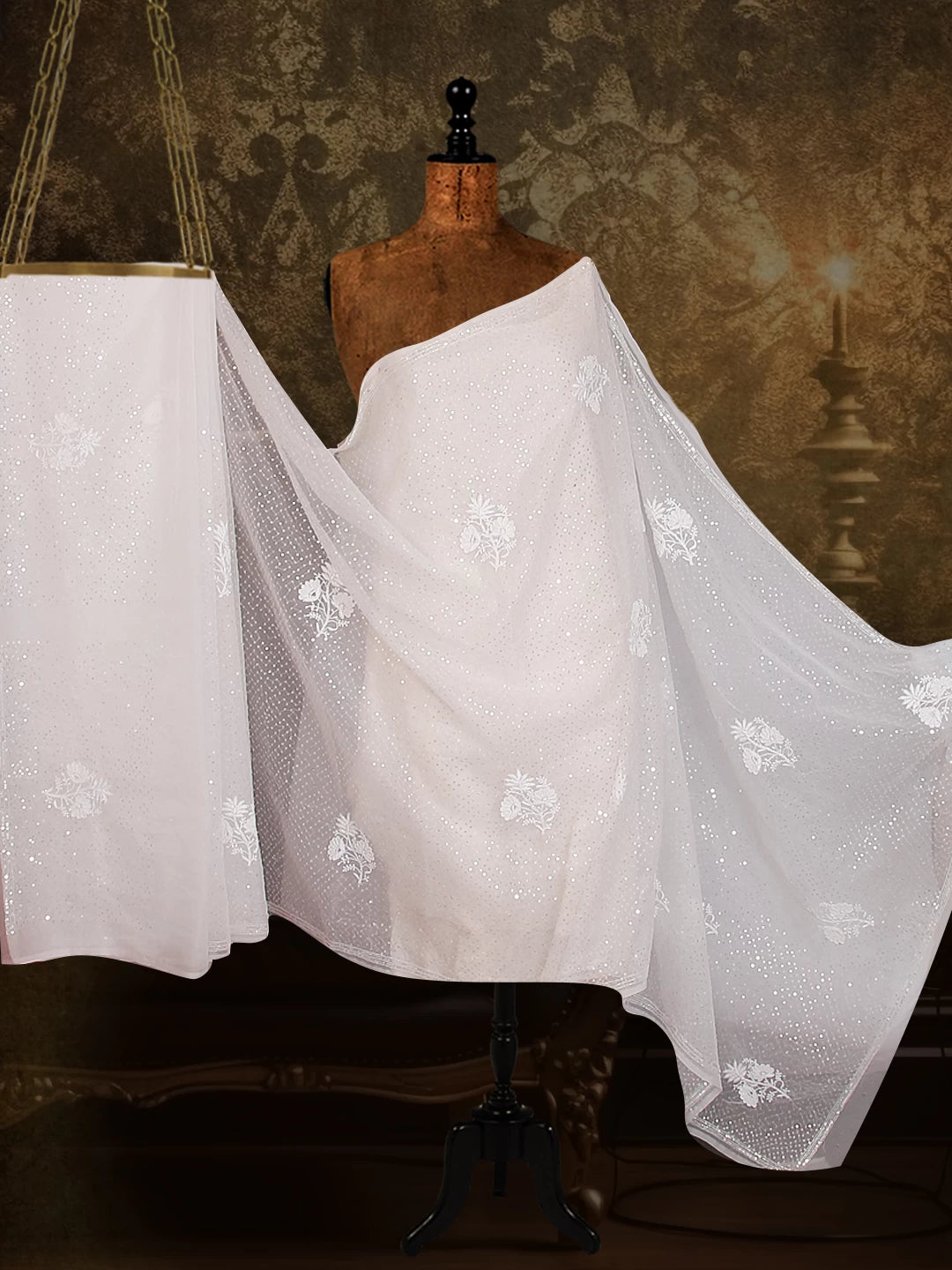 Ada Hand Embroidered White Organza Lucknowi Chikankari Saree With Blouse And Pearl Work 01A439026
