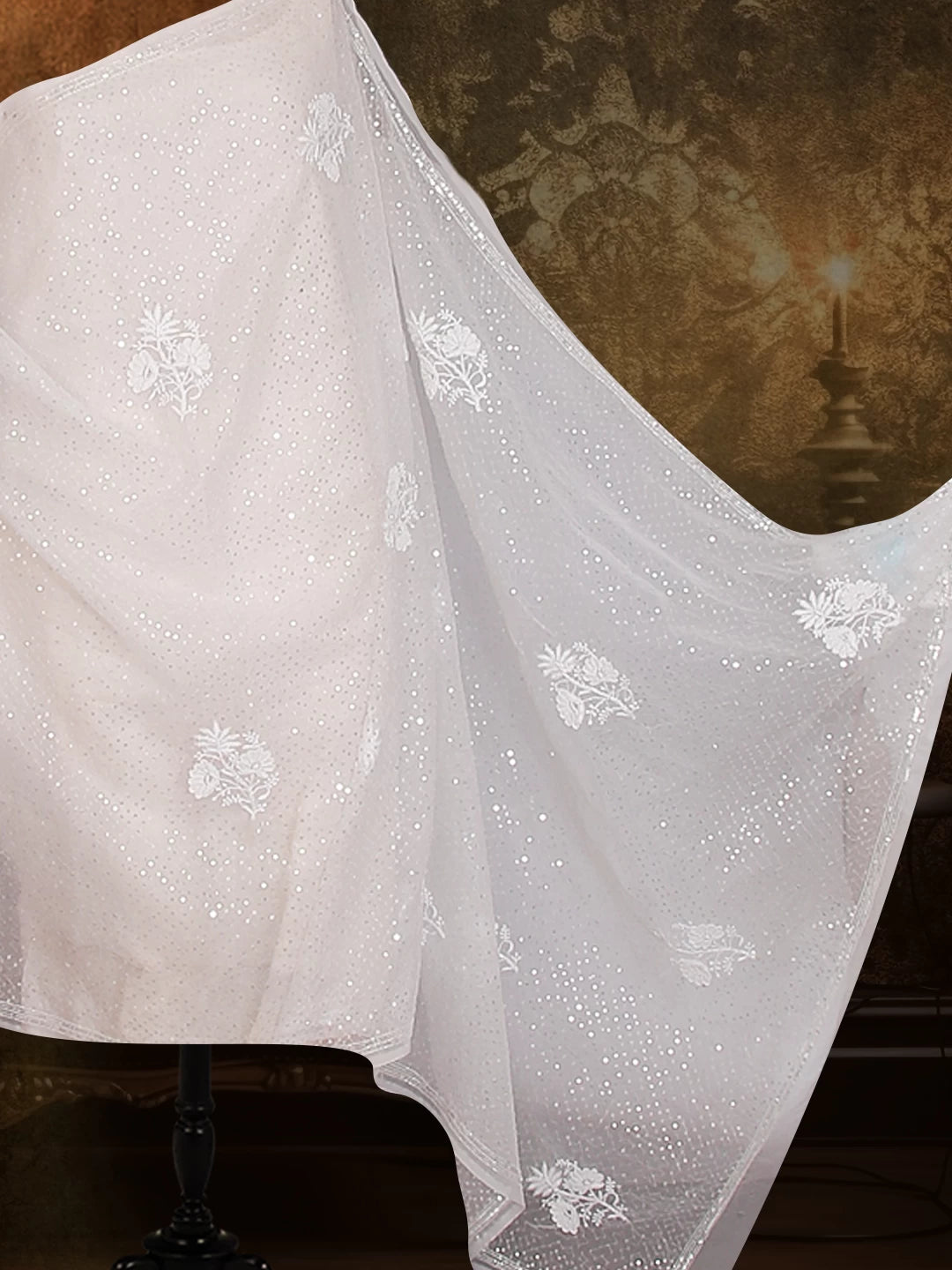 Ada Hand Embroidered White Organza Lucknowi Chikankari Saree With Blouse And Pearl Work 01A439026