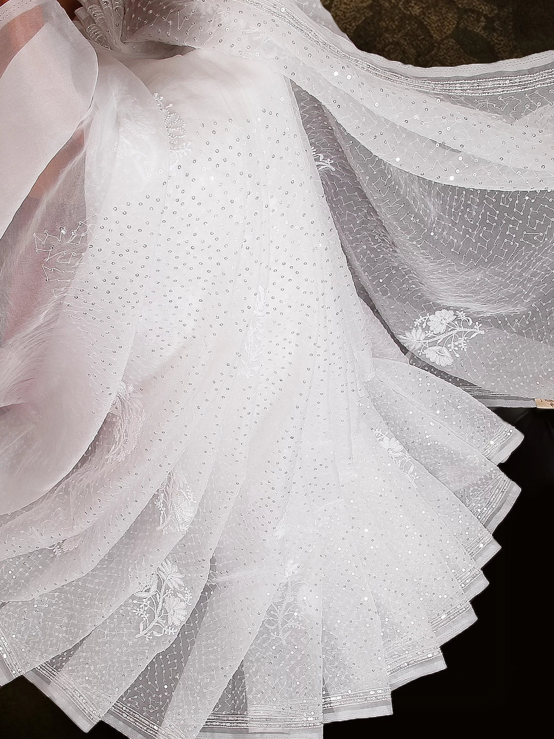 Ada Hand Embroidered White Organza Lucknowi Chikankari Saree With Blouse And Pearl Work 01A439026