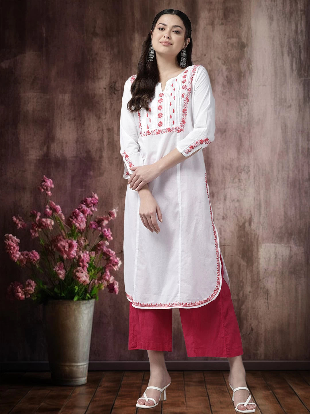 Ada Hand Embroidered White Cotton Lucknowi Chikankari Straight Kurta A411443