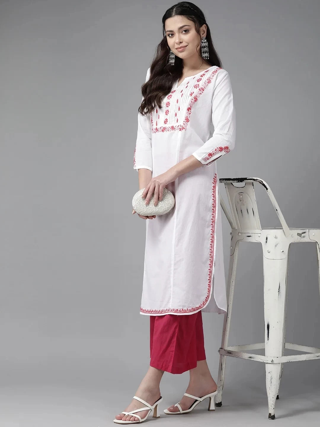 Ada Hand Embroidered White Cotton Lucknowi Chikankari Straight Kurta A411443