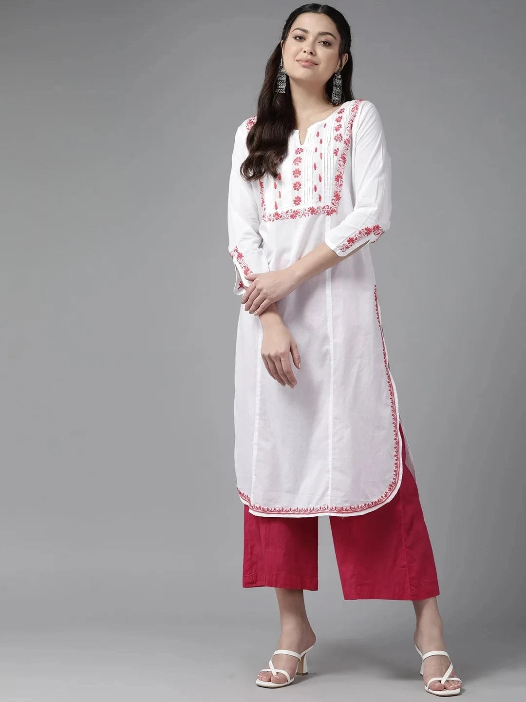 Ada Hand Embroidered White Cotton Lucknowi Chikankari Straight Kurta A411443