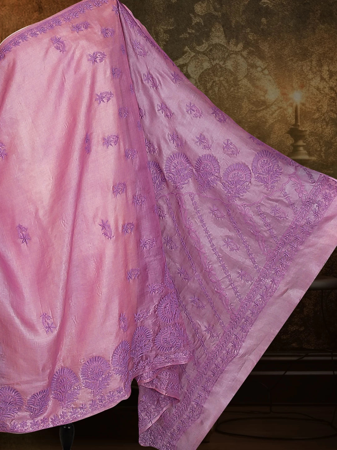 Ada Hand Embroidered Lilac Silk Lucknowi Chikankari Saree With Blouse 01A495974