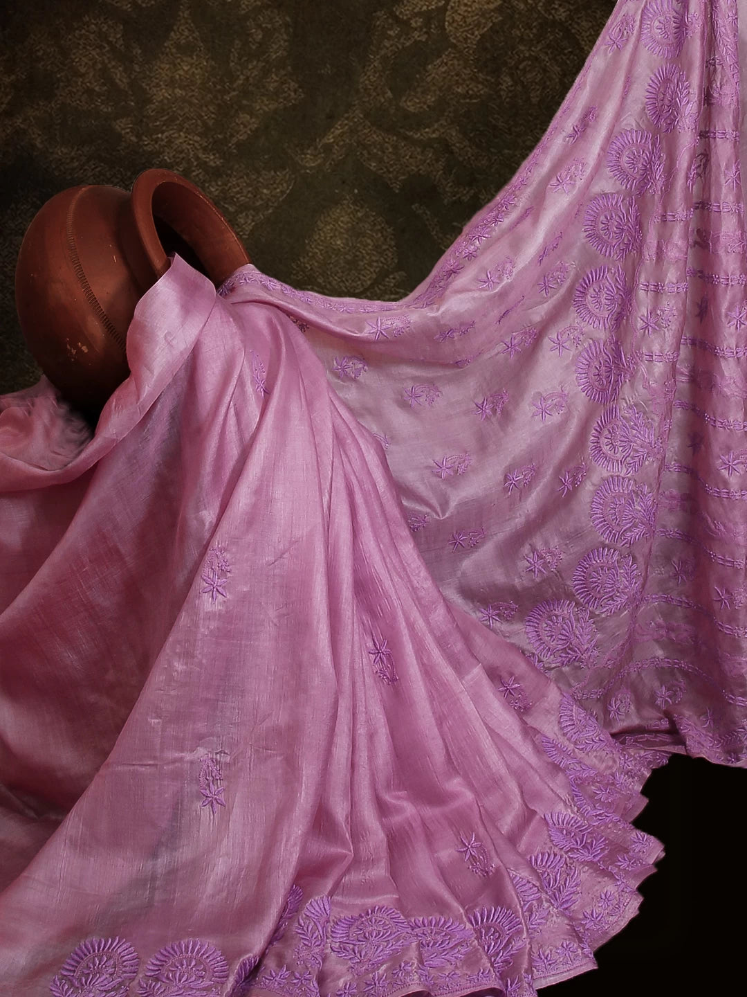 Ada Hand Embroidered Lilac Silk Lucknowi Chikankari Saree With Blouse 01A495974