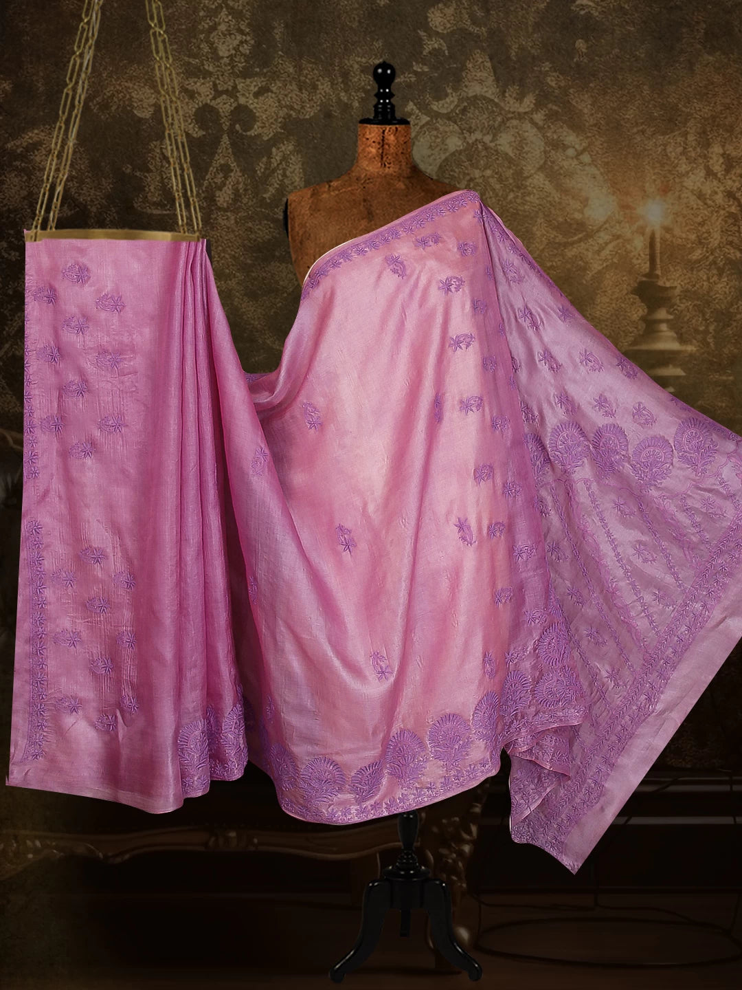 Ada Hand Embroidered Lilac Silk Lucknowi Chikankari Saree With Blouse 01A495974