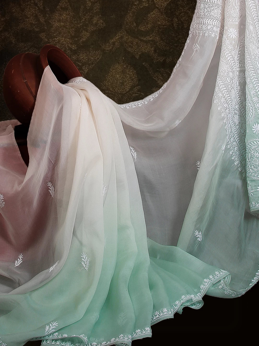 Ada Hand Embroidered Pistachio Green And Ivory Organza Lucknowi Chikankari Saree With Blouse 01A488763