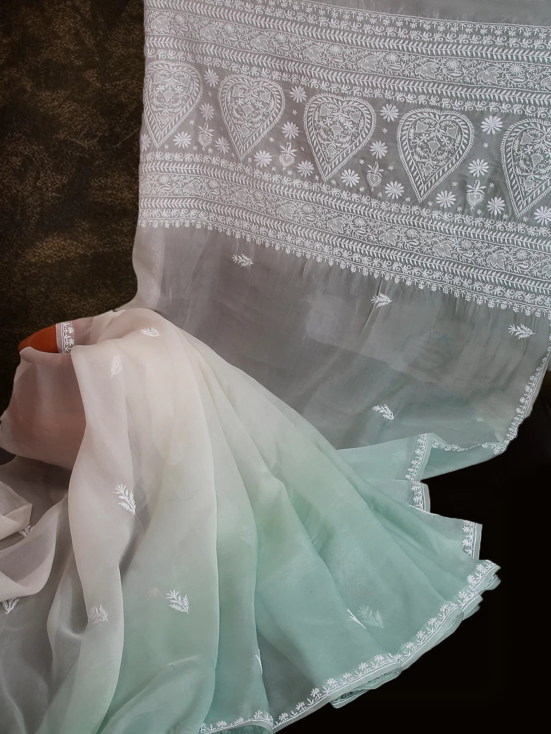 Ada Hand Embroidered Pistachio Green And Ivory Organza Lucknowi Chikankari Saree With Blouse 01A488763