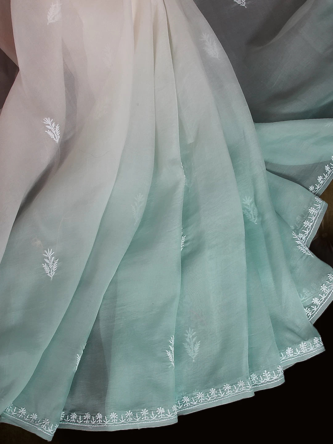 Ada Hand Embroidered Pistachio Green And Ivory Organza Lucknowi Chikankari Saree With Blouse 01A488763