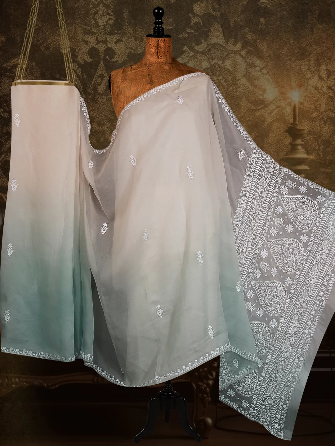 Ada Hand Embroidered Pistachio Green And Ivory Organza Lucknowi Chikankari Saree With Blouse 01A488763