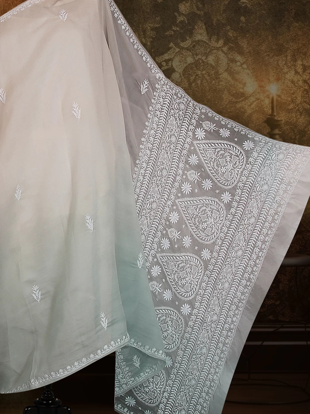 Ada Hand Embroidered Pistachio Green And Ivory Organza Lucknowi Chikankari Saree With Blouse 01A488763