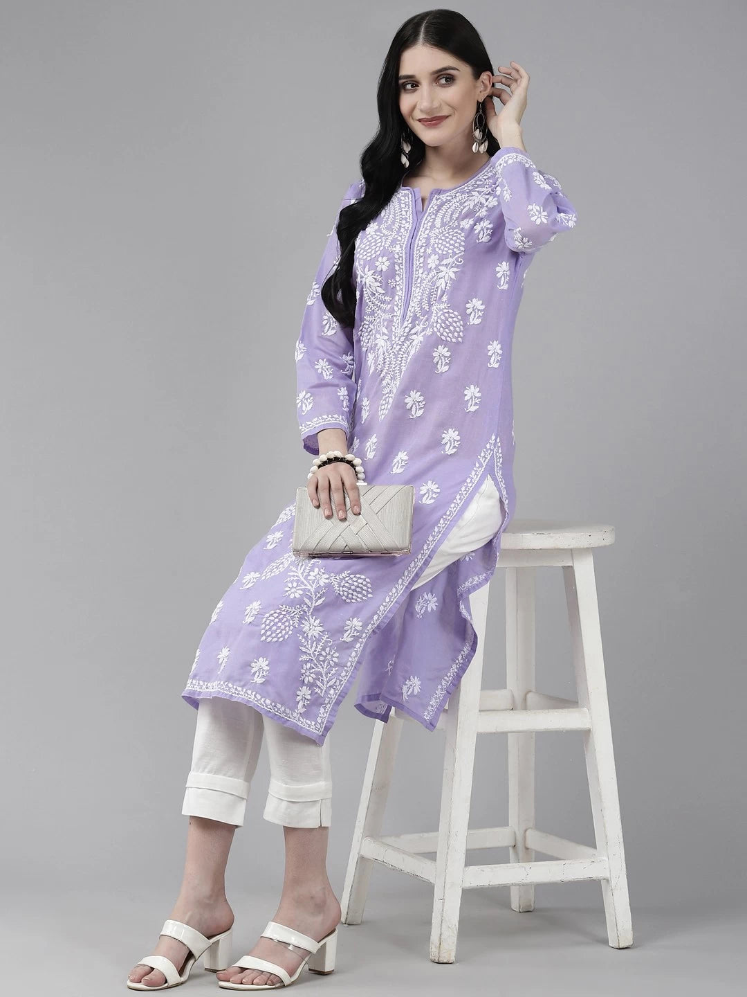 Ada Hand Embroidered Purple Cotton Lucknow Chikankari Straight  Kurta A411403
