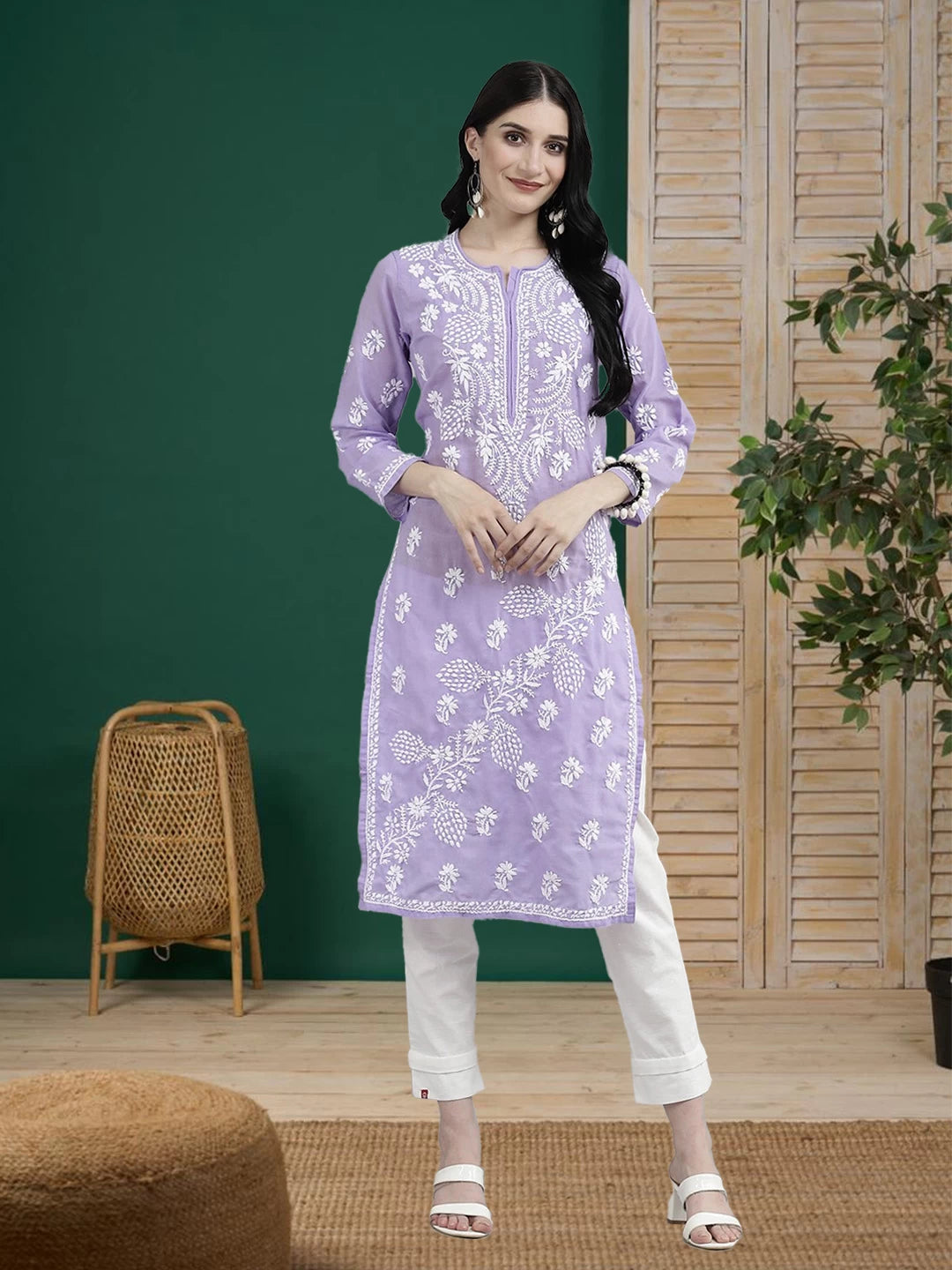 Ada Hand Embroidered Purple Cotton Lucknow Chikankari Straight  Kurta A411403