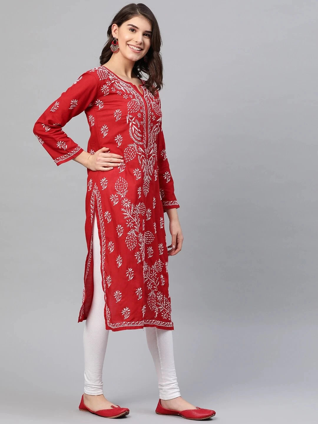 Ada Hand Embroidered Red Cotton Lucknow Chikankari Straight Kurta A133704