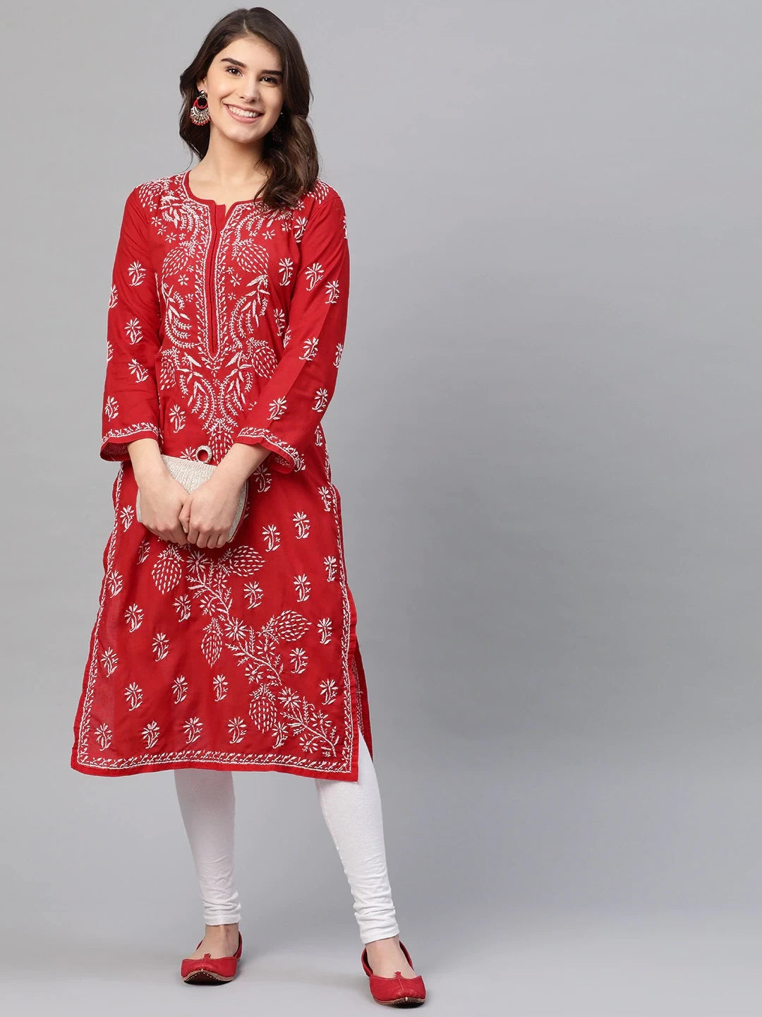 Ada Hand Embroidered Red Cotton Lucknow Chikankari Straight Kurta A133704