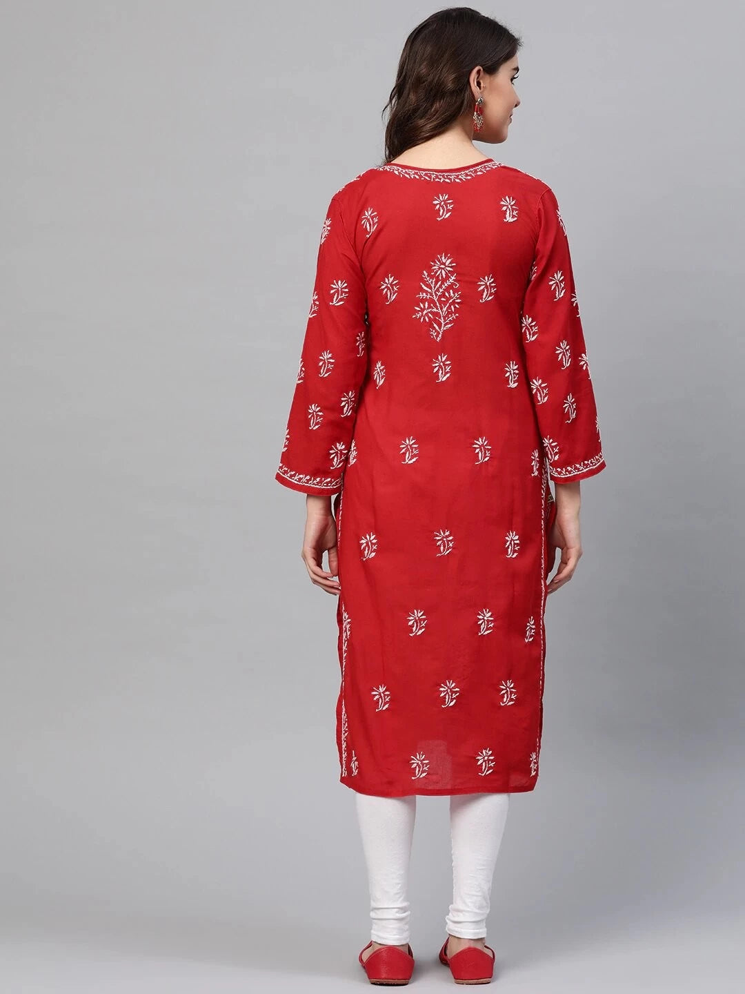 Ada Hand Embroidered Red Cotton Lucknow Chikankari Straight Kurta A133704