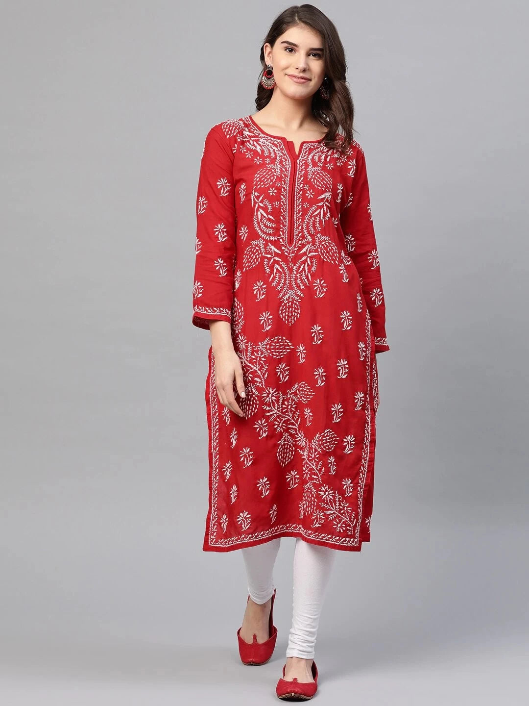 Ada Hand Embroidered Red Cotton Lucknow Chikankari Straight Kurta A133704