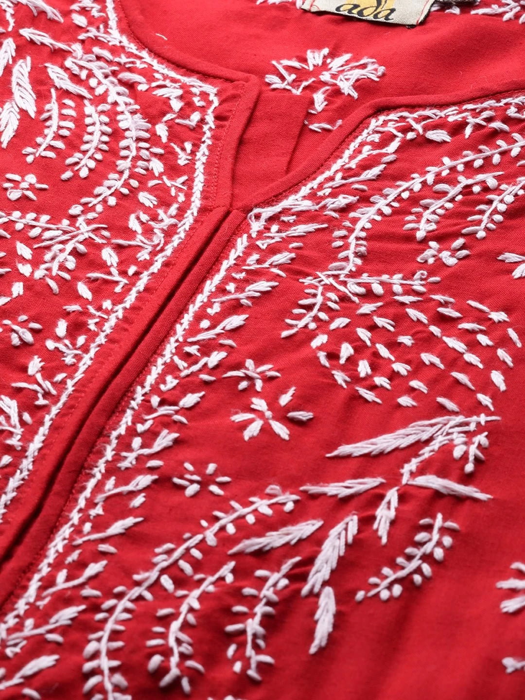 Ada Hand Embroidered Red Cotton Lucknow Chikankari Straight Kurta A133704